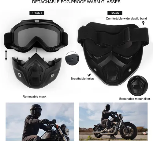 Vista 2 de Gafas de montar para casco de motocicleta con máscara facial extraíble, gafas cálidas desmontables a prueba de niebla, filtro de boca ajustable