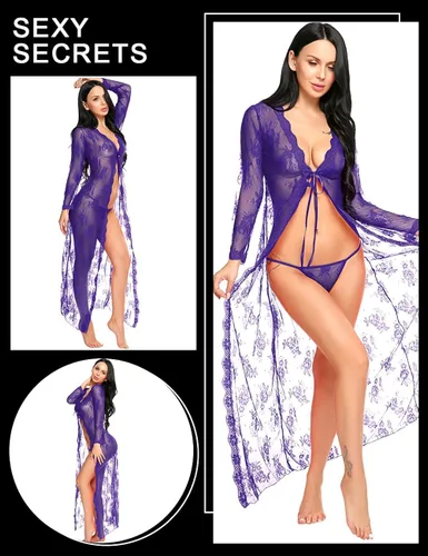 Vista 2 de Lencería para mujer sexy, largo vestido de encaje transparente vestido transparente de bata Kimono