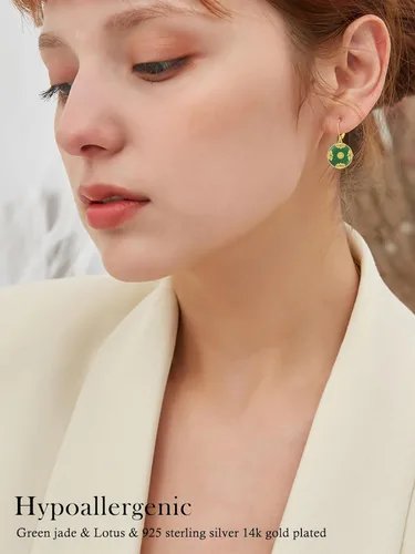 Vista 2 de HPQQ Aretes de jade para mujer, diseño de loto, trébol, rosa, girasol, colibrí, libélula, brújula, árbol de la vida, chapado en oro de 14 quilates