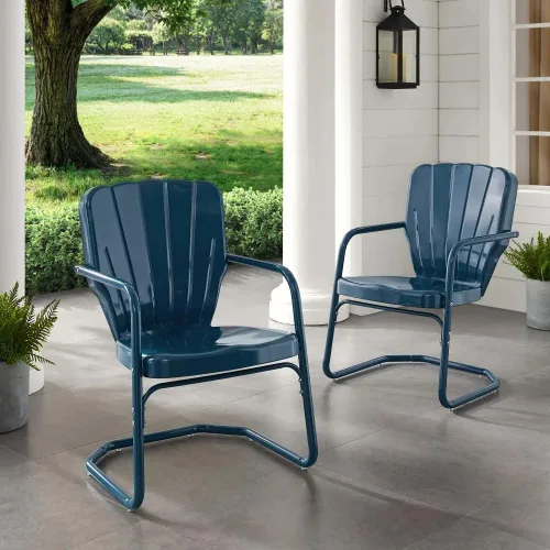 Vista 6 de Crosley Furniture Ridgeland - Juego de 2 sillas para exteriores, sillas de metal retro para comedor, porche, cubierta, azul marino