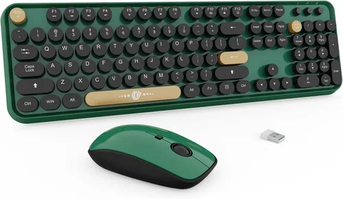 Vista 15 de Combo de teclado y mouse inalámbricos, 104 teclas redondas, lindo teclado y mouse inalámbricos coloridos con máquina de escribir retro, color negro