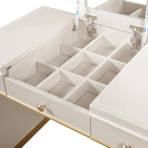 Vista 9 de Escritorio clásico de madera con espejo abatible, tocador 3 en 1 con 2 cajones y espacio de almacenamiento para dormitorio, champán