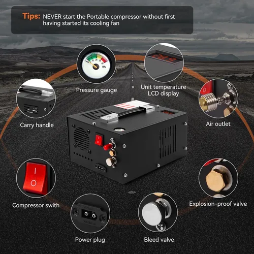 Vista 6 de Compresor de aire PCP de 350 W, 4500 Psi/30 Mpa, 12 V CC y 110 V CA, sin aceite/agua, válvula de seguridad de disco de ráfaga, ventilador
