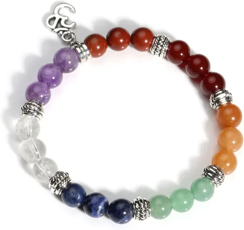 Vista 13 de Eigso Pulsera elástica de piedra de cristal de meditación curativa de 7 chakras para mujer con símbolo de loto, yoga, árbol, OM