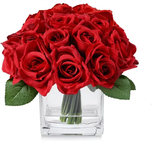 Vista 11 de 18 cabezas de rosas de imitación en jarrón, arreglo floral de rosas de Aritificail con jarrón para mesa de comedor, dormitorio, decoración de boda