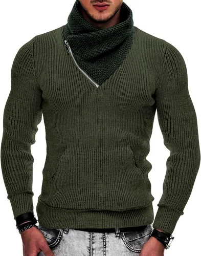 Vista 2 de COOFANDY - Suéteres de cuello chal para hombre de punto con cuello de tortuga, cuello alto, ajustado, con bolsillos Verde militar