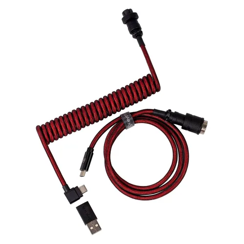 Vista 8 de Keychron Cable morado en ángulo USB-C en espiral premium, conector de metal desmontable GX16 de 5 pines, adaptador USB-A, diseño de doble manga