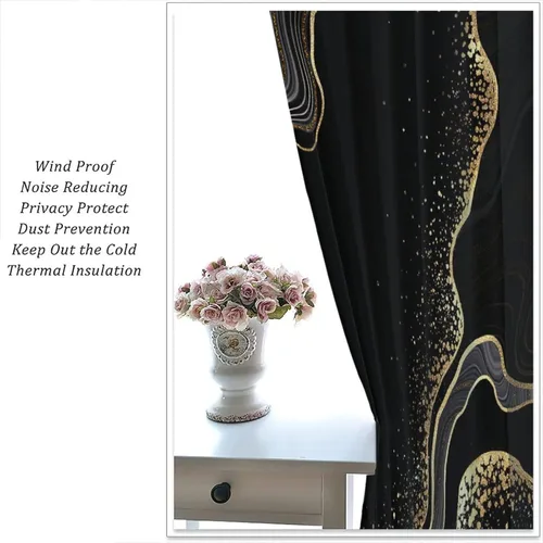Vista 40 de Cortinas Negras con Dobladillo Dorado, Cortinas Opacas con Bolsillo para Barra con Estampado de Rayas de Foil en Onda Dorada para Decoración de Negro