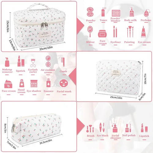 Vista 2 de Juego de bolsas de maquillaje, bolsa de maquillaje acolchada, bolsa grande para cosméticos florales para mujer, bonitas bolsas de maquillaje