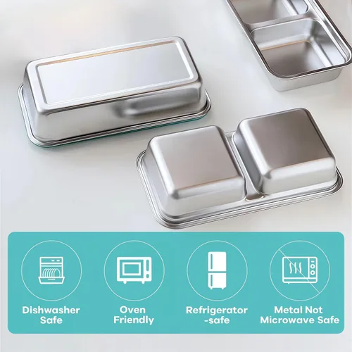 Vista 4 de 2 cajas Bento de acero inoxidable 304, 2 compartimentos, contenedores portátiles de almacenamiento de alimentos, cajas de aperitivos con tapas, caja