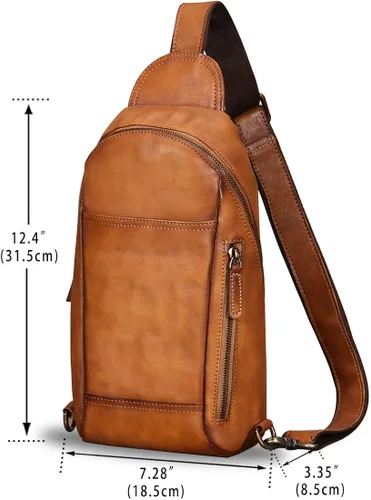 Vista 4 de Mochila bandolera de piel auténtica para hombre, mochila de senderismo, vintage, hecha a mano, con hombros en el pecho, mochila de riñonera