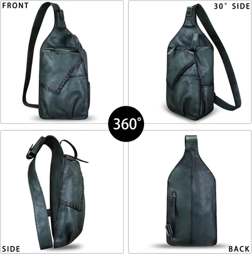 Vista 5 de Genuine Leather Sling Bag for Men Handmade Retro Crossbody Backpack Purse Hiking Daypack Chest Shoulder Fanny Pack