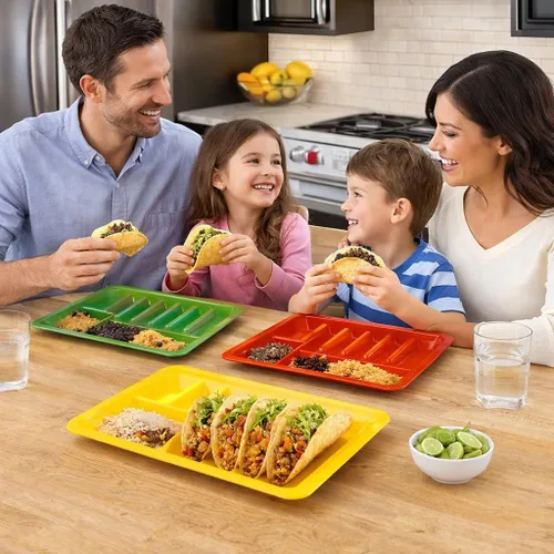 Vista 2 de Dependable Industries inc. Essentials Juego de 3 platos rectangulares para tacos, bandejas de plástico sin BPA con divisores, apilables, aptos