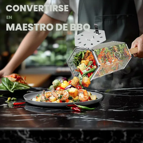 Vista 4 de Ivtivfu - Cesta de parrilla enrollable, mango de madera removible, acero inoxidable 304, herramientas de parrilla anidadas, accesorios para barbacoa