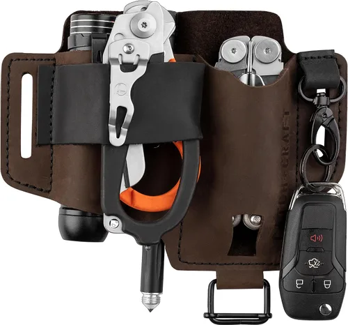 Vista 7 de Funda EDC multiherramienta para cinturón - Funda compacta para cuchillo y linterna para uso diario - Funda Leatherman para hombres - Organizador