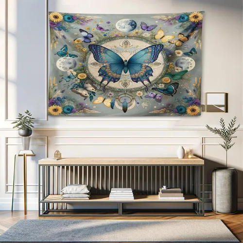 Vista 132 de Ambesonne Tapiz bohemio, diseño floral de bruja, luna y mariposa con adornos de mandala, decoración de tela para colgar en la pared para dormitorio