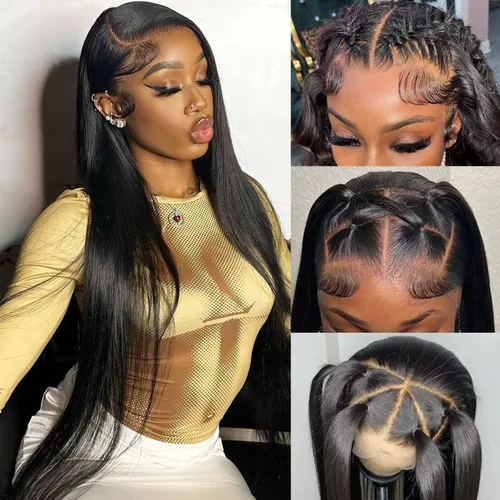Vista 7 de mengkai Pelucas de Encaje Frontal Liso de 36 Pulgadas Cabello Humano Pre Arrancado con Pelitos de Bebé Pelucas de Encaje Frontal HD 13x6 Cabello