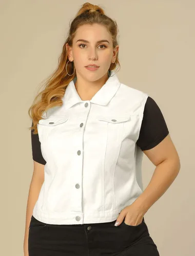 Vista 2 de uxcell Chaleco de mezclilla con botones de talla grande para mujer con dos bolsillos con solapa en el pecho 2023