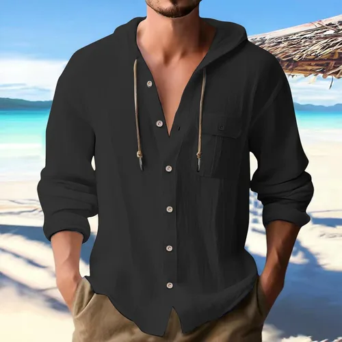 Vista 2 de Sudadera con capucha de algodón y lino para hombre, camisa de manga larga con botones, ligera, casual, para la playa, hippie, tops