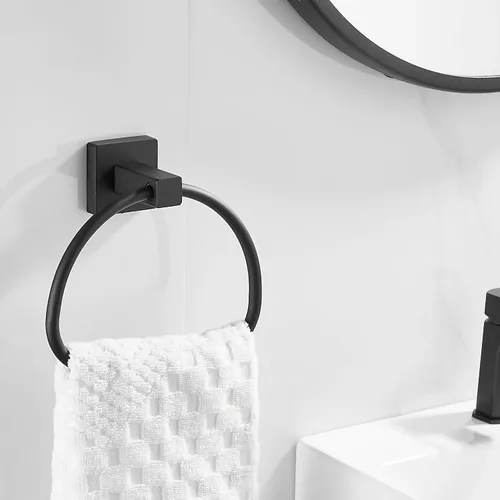 Vista 9 de Leyden Toallero de mano negro mate, anillo de toalla de baño, colgadores de toalla de mano de baño montado en la pared medio redondo moderno