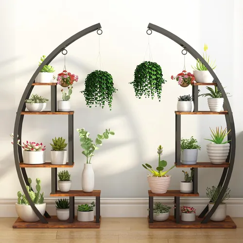 Vista 7 de GAOMON Soporte para plantas de interior de 5 niveles de alto, estante de metal para plantas de media luna, paquete de 2, elegante estante de flores