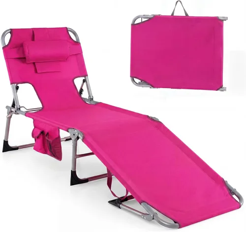 Vista 13 de Tangkula Silla de bronceado con agujero frontal, plegable y ajustable para patio, silla reclinable, para playa, tomar el sol, con bolsillo lateral