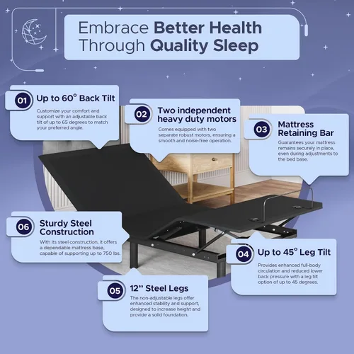 Vista 4 de Celestial Aurora - Base de cama ajustable (marco) + colchón de espuma viscoelástica de gel de 10 pulgadas (mediano), fácil montaje, elevación