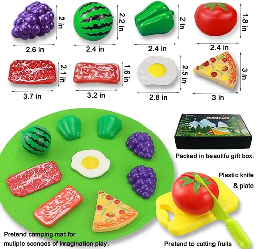 Vista 4 de 45 piezas de juguete de fogata para niños, juguetes de campamento para niños pequeños, juego de fogata de fieltro con frutas cortadas de simulación