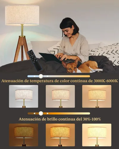 Vista 2 de ELYONA Lámpara de pie para sala de estar, trípode de madera maciza de fresno con control remoto, lámpara de pie regulable sin pasos para dormitorio