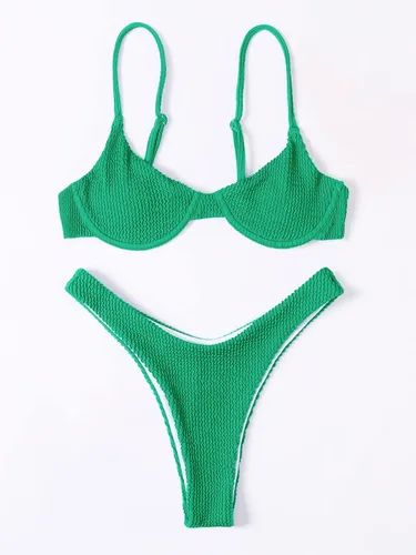 Vista 4 de MakeMeChic Traje de baño de 2 piezas para mujer conjunto de bikini de corte alto sólido con aros