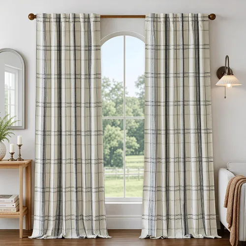 Vista 37 de DriftAway Cortinas de felpilla de lino a cuadros 100% opacas de 96 pulgadas Beige