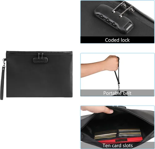 Vista 8 de Bolsa de documentos ignífuga de 2000℉ con bloqueo de contraseña, color negro, 14.3 x 10.2 pulgadas, bolsa de dinero ignífuga para efectivo