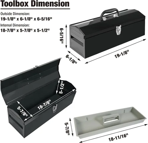 Vista 2 de Torin ATB101B - Caja de herramientas de acero portátil de 19 pulgadas con cierre de metal y bandeja de almacenamiento extraíble, color negro