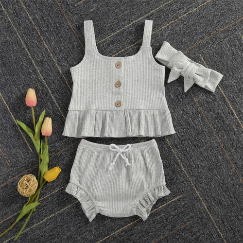 Vista 2 de Conjunto de ropa de verano para bebé recién nacida, vestido de tirantes de punto, con volantes y pantalones cortos, conjunto de trajes sólidos