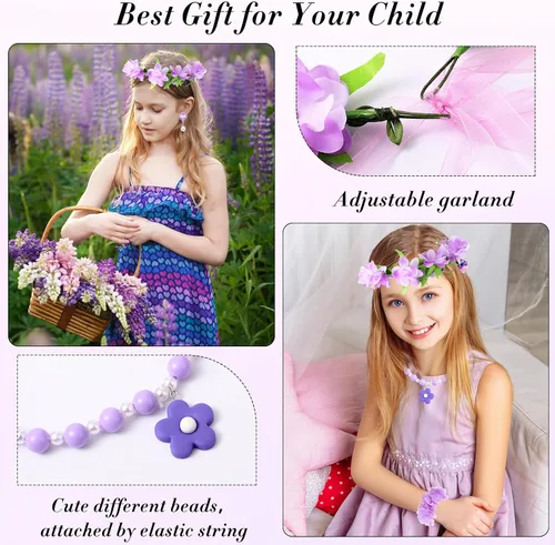 Vista 4 de Equsion Purple Girls Costume, Princess Dress Up Costume Accessories Set for Kids, Birthday Halloween Cosplay Party Outfit with Garlands Tiara Crown