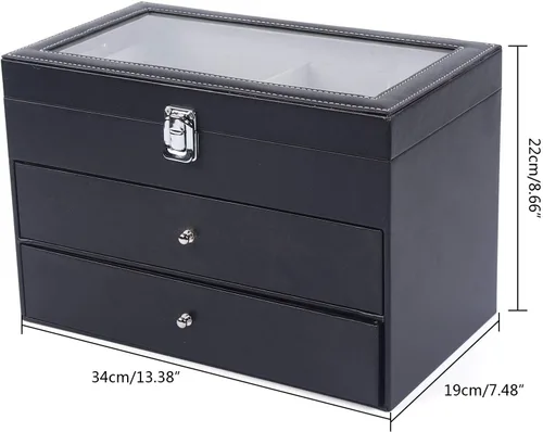 Vista 7 de Caja de cuero para 12 relojes y 12 piezas de almacenamiento para lentes y gafas de sol, cajón con cerradura con cerradura, color negro
