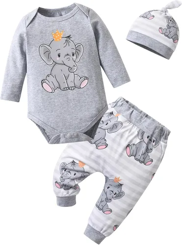 Vista 77 de Conjunto de 3 piezas de ropa de bebé recién nacido con estampado de manga larga + pantalones + sombrero