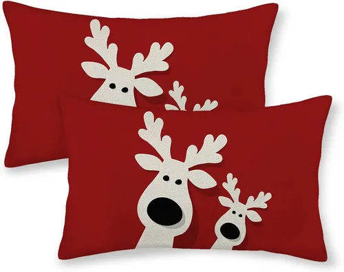 Vista 8 de Juego de 2 fundas de almohada navideñas de 16 x 16 pulgadas, fundas de almohada de lino color rojo con diseño de alces y ciervos de invierno