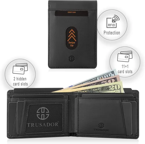 Vista 3 de TRUSADOR Trento - Cartera delgada de piel con diseño minimalista y plegable con bloqueo RFID y caja de regalo, Negro -, Con bolsillo para monedas