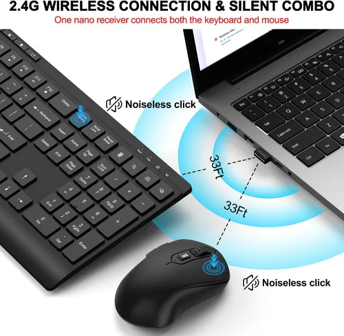 Vista 2 de Combo de teclado y mouse inalámbricos, teclado de computadora silencioso de tamaño completo y ratones inalámbricos con 3 DPI ajustables, 2.4G sin