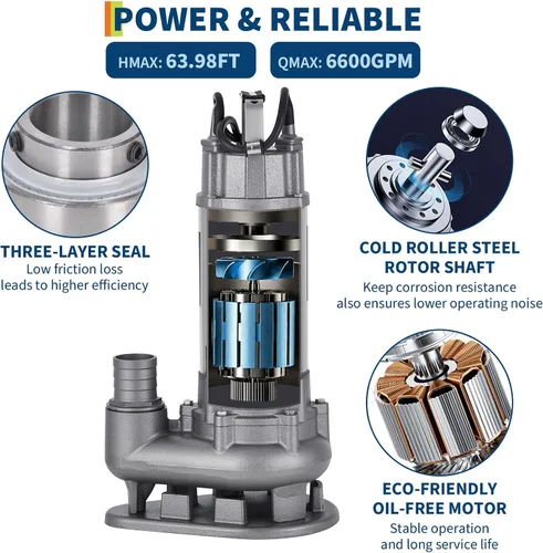 Vista 4 de Stainless Steel Submersible Sewage Pump 1.5 HP 6600GPH 64ft Head 110V