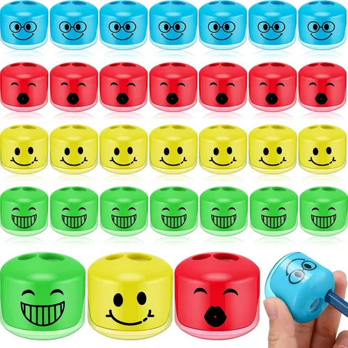 Vista 7 de Crtiin 24 sacapuntas para niños, para el aula, caricatura, sonrisa, sacapuntas pequeños, manual de mano, doble agujero, regalos para la escuela