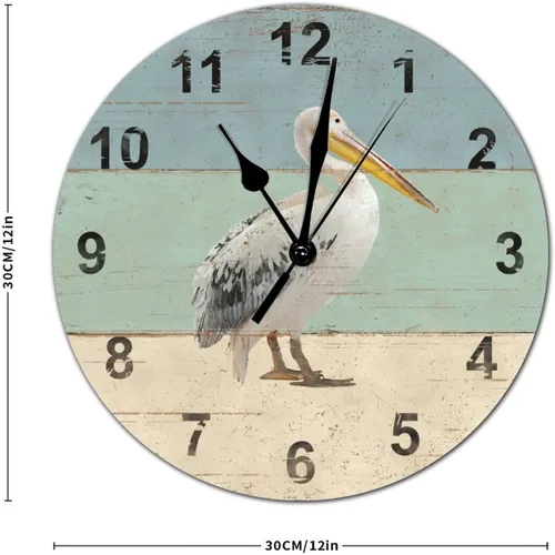 Vista 2 de Reloj de pared redondo de madera estilo rústico y elegante, estilo retro, con números arábigos Pelícano, silencioso, sin tictac, funciona