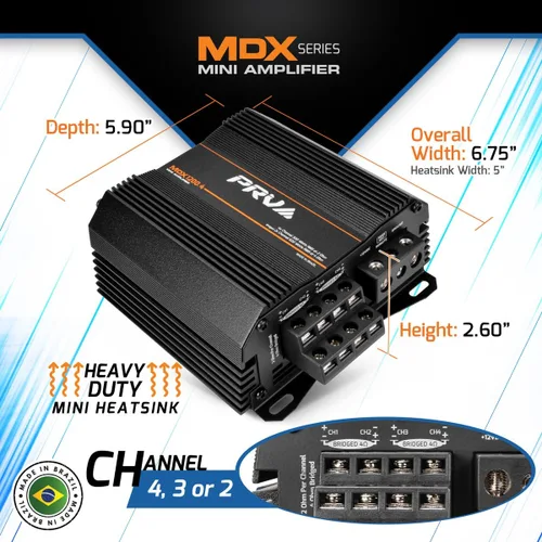Vista 4 de PRV Audio MDX1200.4 Amplificador de audio para automóvil de 2 ohmios mini de 4 canales 4 x 300 vatios RMS a 2 ohmios - 1200 vatios 12 voltios