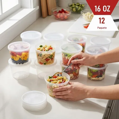 Vista 4 de Mr Miracle Recipientes transparentes de 16 onzas con tapas. Paquete de 12 recipientes herméticos de plástico reutilizables para alimentos