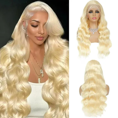 Vista 23 de Pelucas de cabello humano con encaje frontal 613 de 22 pulgadas, cabello humano prearrancado, rubio ondulado, encaje frontal, densidad 210, 613, 13