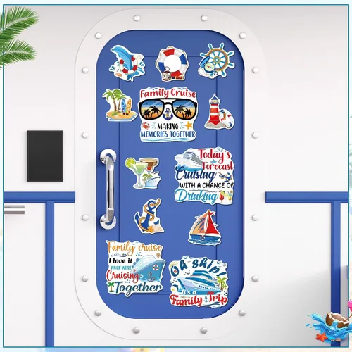 Vista 6 de Decoraciones magnéticas para puerta de crucero, 12 piezas de imanes náuticos tropicales familiares para crucero, divertidos letreros magnéticos