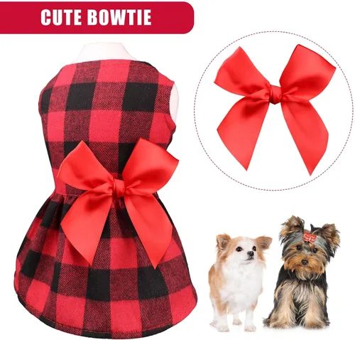 Vista 3 de Vestidos de perro a cuadros de búfalo, ropa de corbatín lindo, ropa de algodón suave para Navidad, disfraz de perro para perros pequeños, ropa