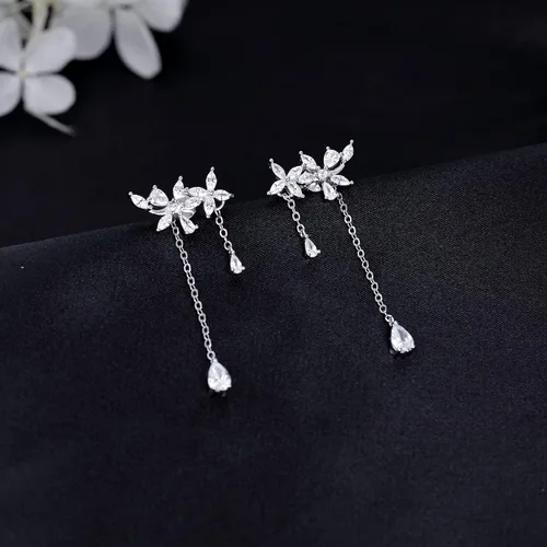Vista 3 de Sluynz - aretes de plata esterlina 925, con diseño de hojas, para mujeres, adolescentes. Cristales brillantes de zirconia cúbica, aretes colgantes.