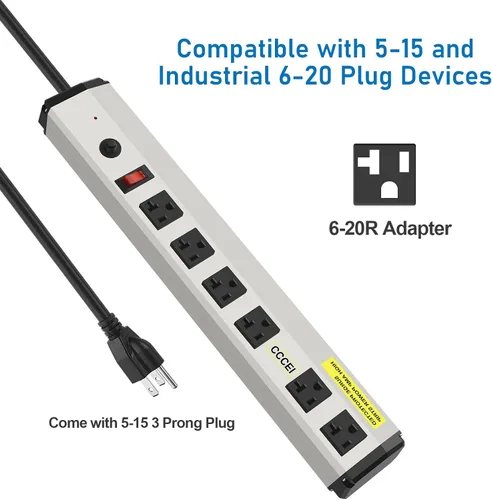 Vista 3 de CCCEI Tira de alimentación de alta resistencia con protector contra sobretensiones de 20 amperios, múltiple de metal para taller industrial